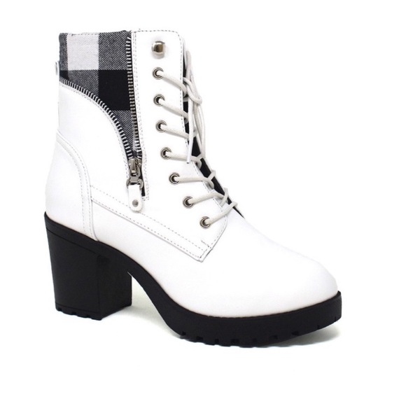 Yoki Shoes - White Lace Up Chunky Heel Plad Inset Combat Boot